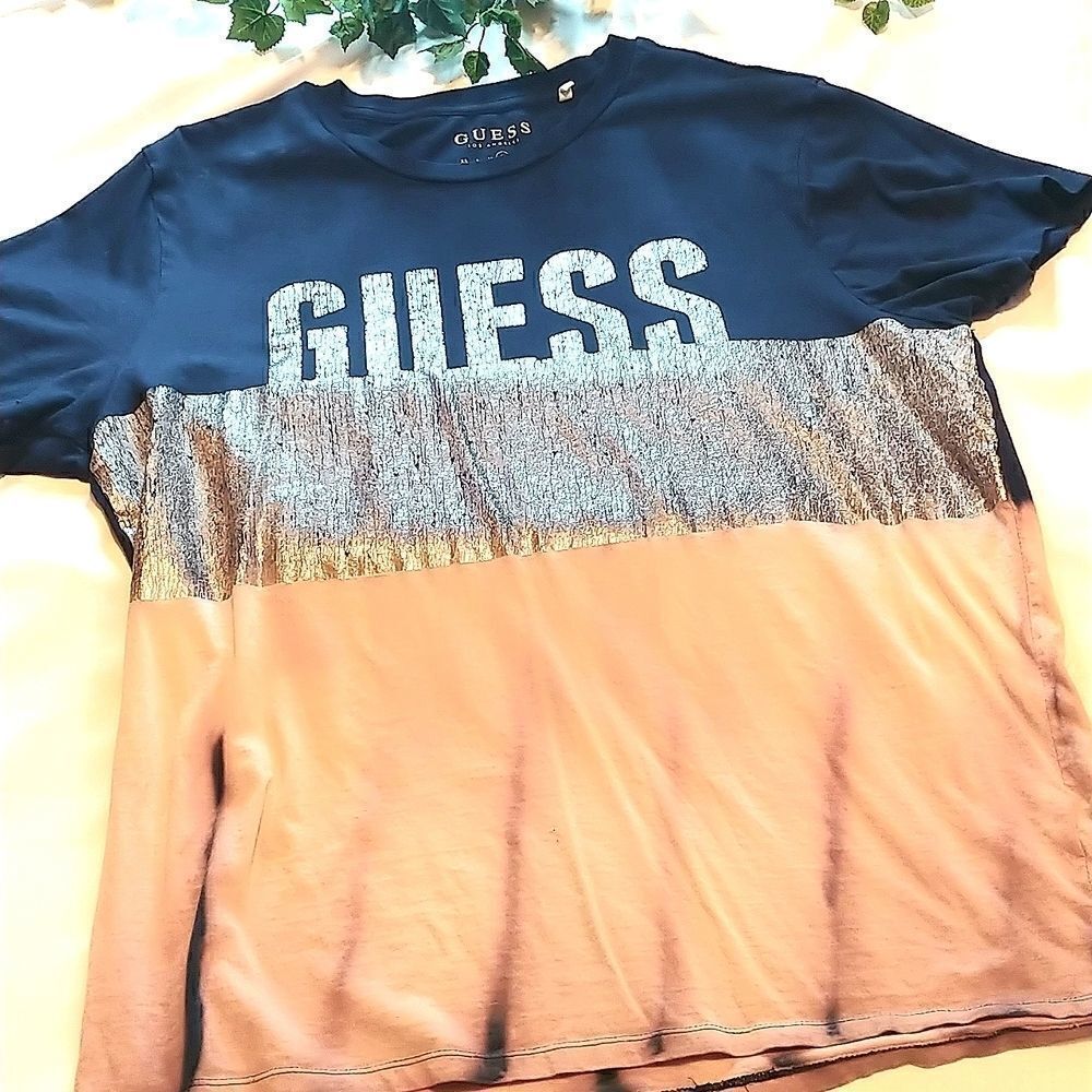Guess. Tie dyed T-shirt. Silver foil print. Size Large.